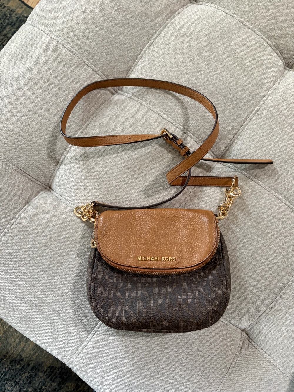 Michael Kors Brown and Tan Logo Saddle Crossbody